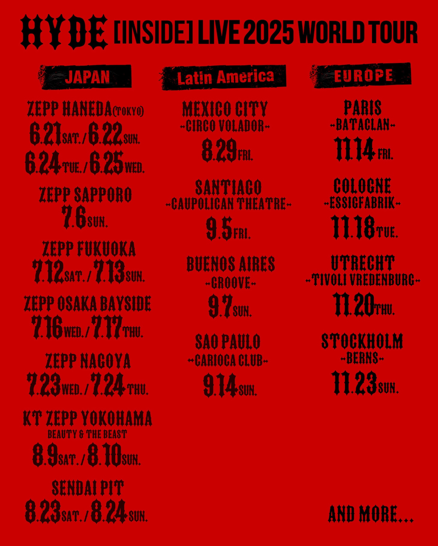 「HYDE [INSIDE] LIVE 2025 WORLD TOUR」スケジュール