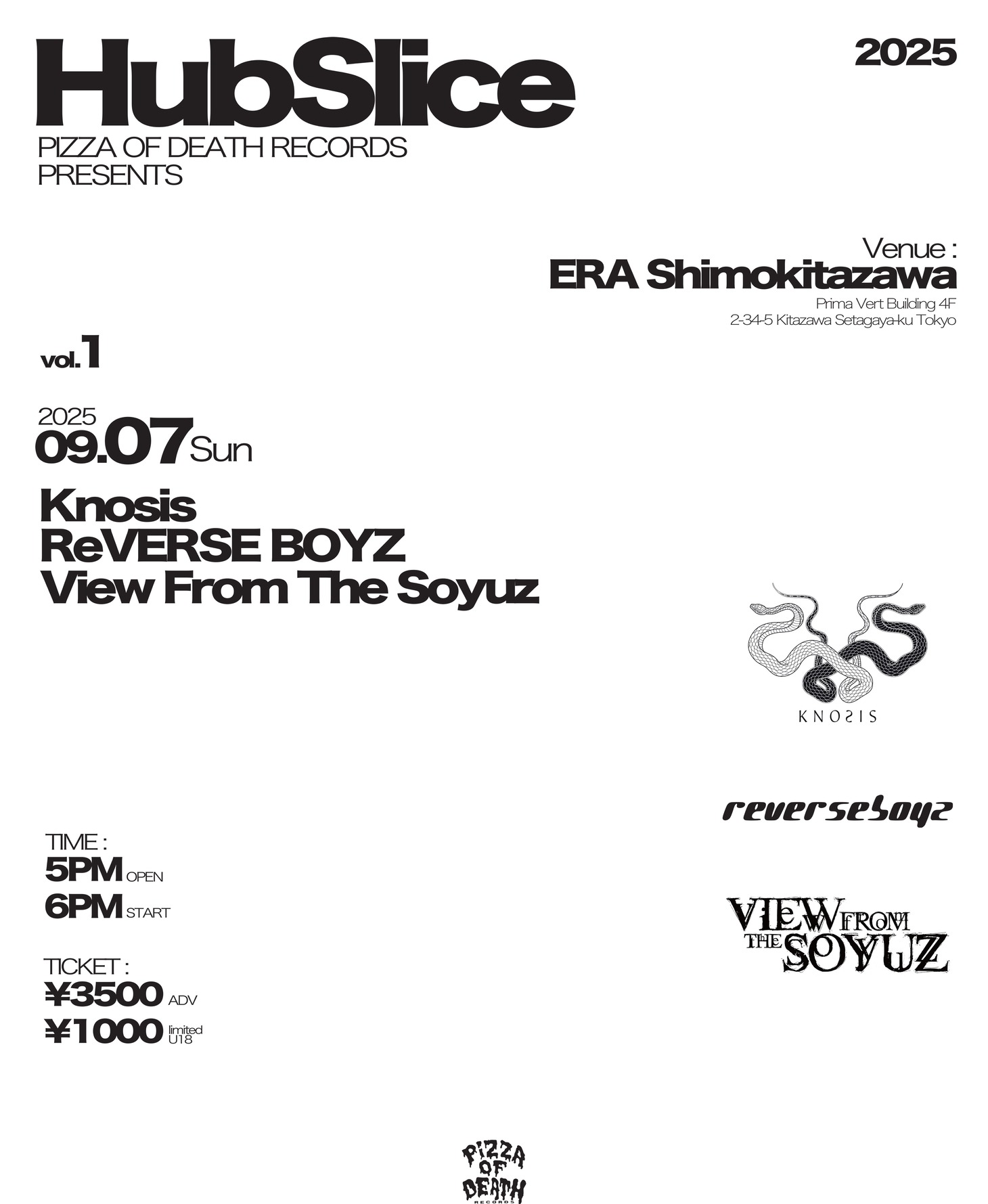 「PIZZA OF DEATH RECORDS presents "Hub Slice"」第1回のフライヤー。