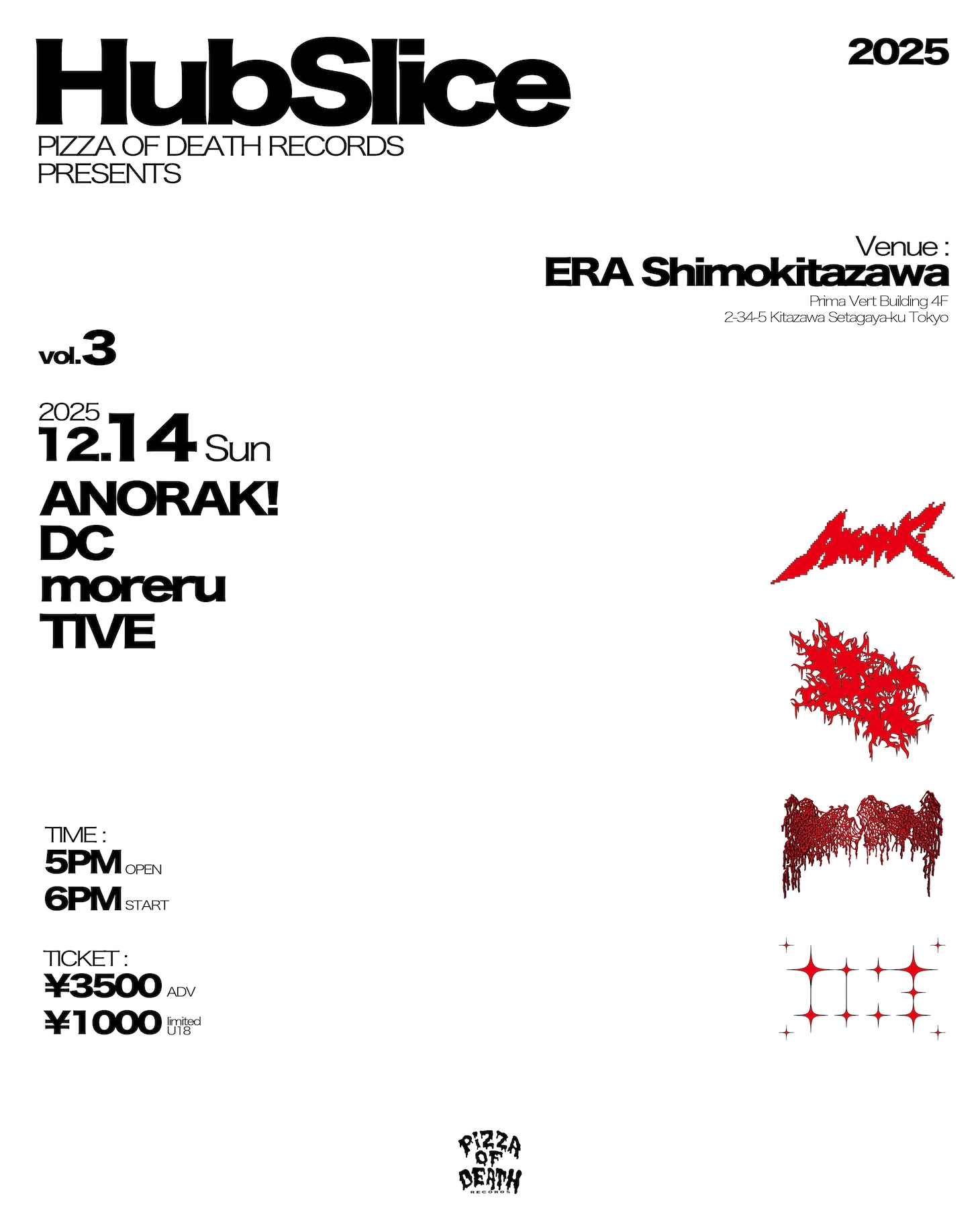 「PIZZA OF DEATH RECORDS presents "Hub Slice"」第3回のフライヤー。