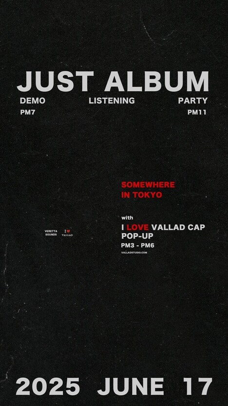 IO「JUST ALBUM」DEMO LISTENING PARTY/VALLAD POP-UPフライヤー