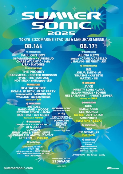 「SUMMER SONIC 2025」TOKYO公演の出演者一覧。