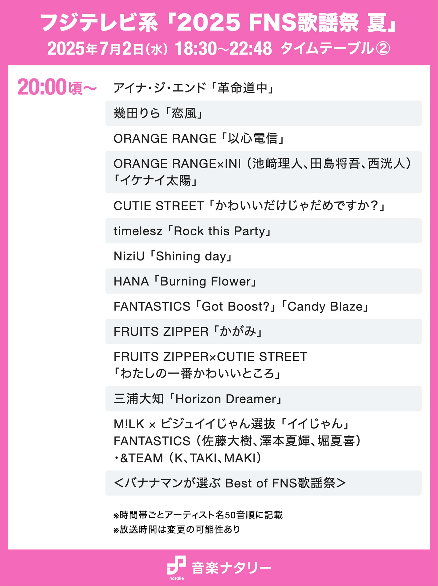 フジテレビ系「2025 FNS歌謡祭 夏」20:00台タイムテーブル