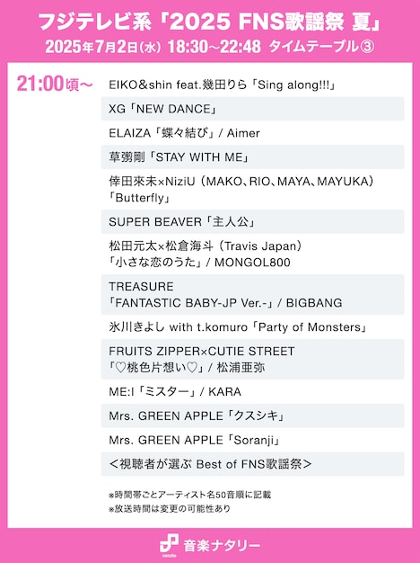 フジテレビ系「2025 FNS歌謡祭 夏」21:00台タイムテーブル
