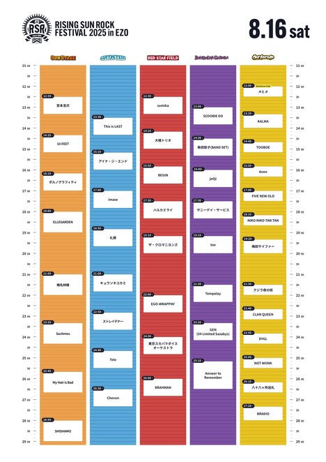 「RISING SUN ROCK FESTIVAL 2025 in EZO」2日目のタイムテーブル。
