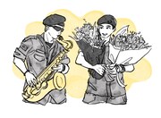 今月のイラスト：同日に除隊したBTSのRMとV。