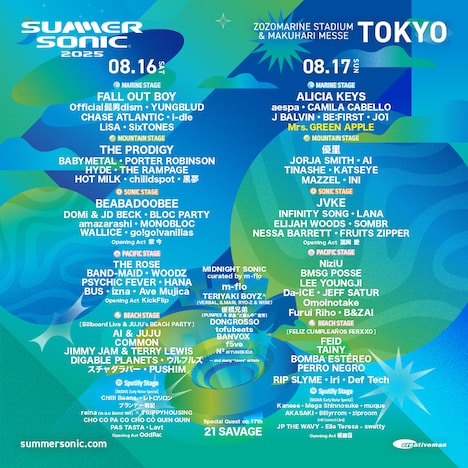 「SUMMER SONIC 2025」TOKYO公演の出演者一覧。
