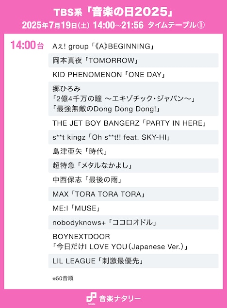 TBS系「音楽の日2025」タイムテーブル(14:00台)