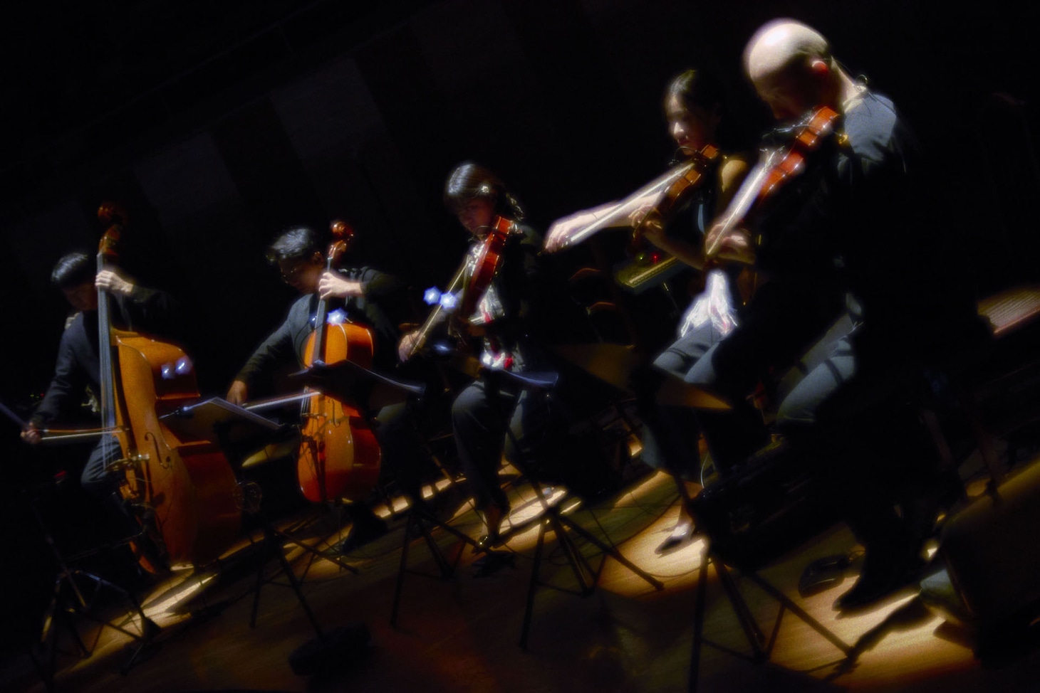 左から丸地郁海（Contrabass）、小畠幸法（Cello）、三国レイチェル由依（Viola）、荒井優利奈（Violin）、町田匡（Violin）。（撮影：小林光大）