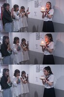 小久保柚乃、桜井えま、仲村悠菜からのサプライズでバースデーケーキを贈られ大喜びの風見和香（右）。