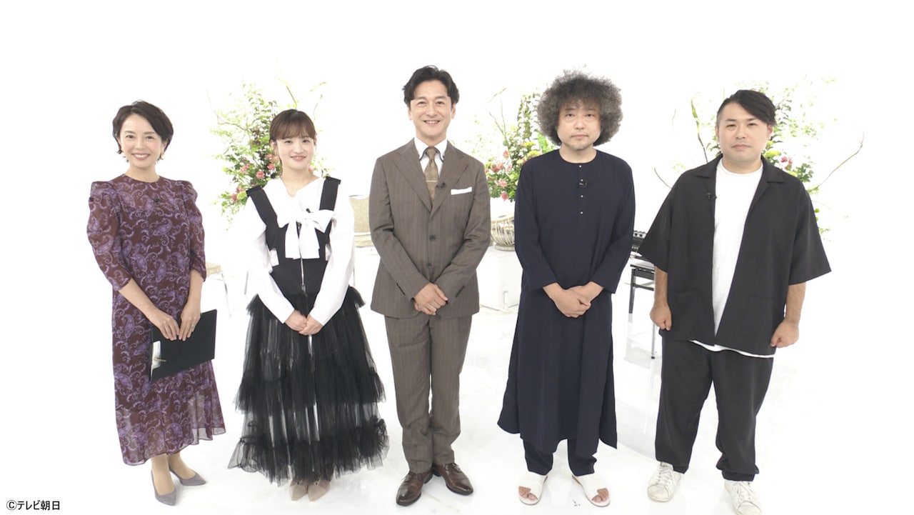 左から武内絵美アナウンサー、森迫永依、石丸幹二、U-zhaan、伊賀拓郎。