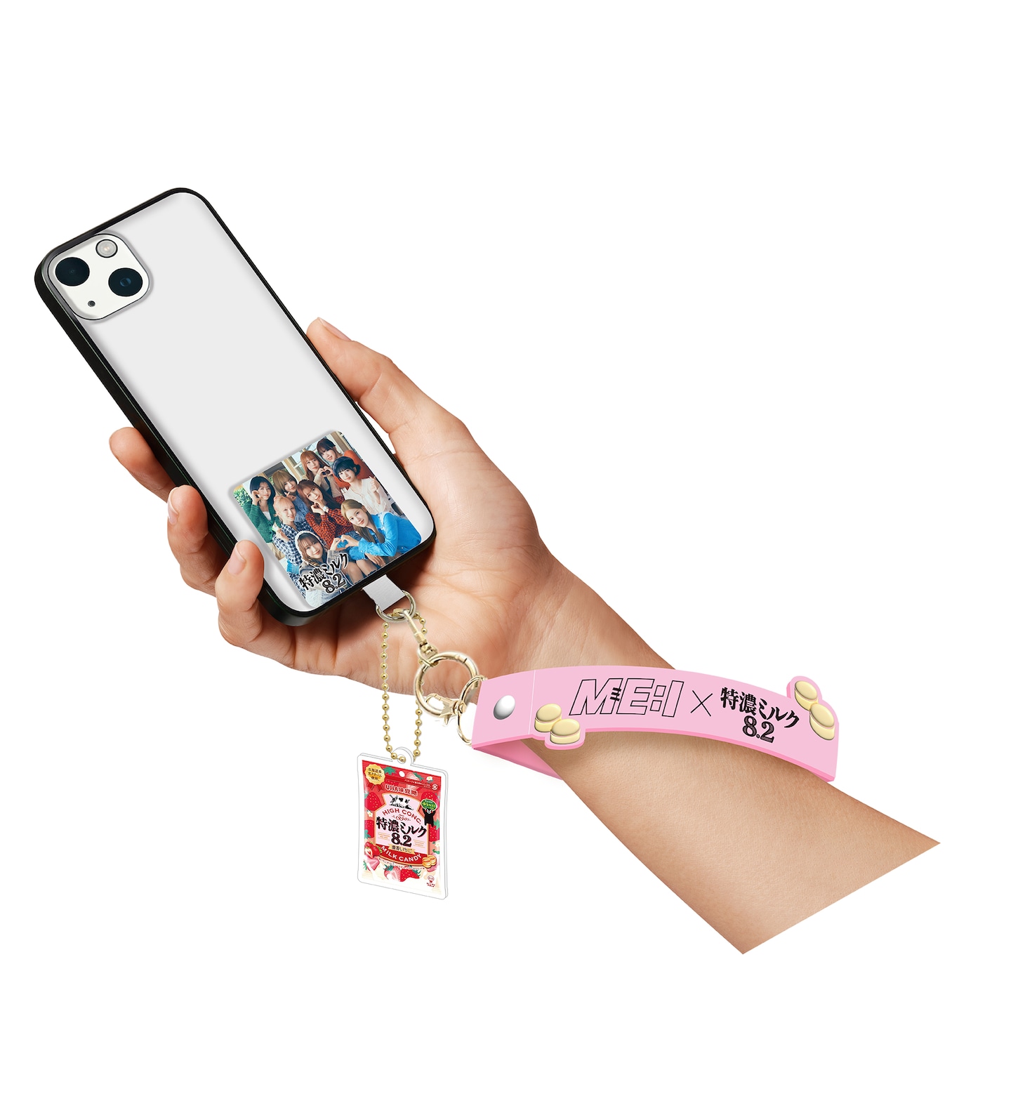「特濃ミルクオリジナル ME:I ハンドストラップ」の「特濃ミルク 8.2 濃香いちご」バージョン。
