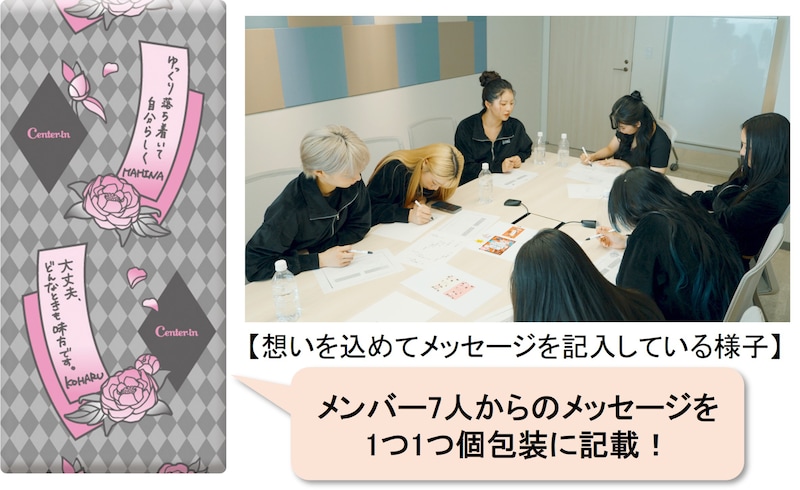 HANAコラボの「ソフィ センターインコンパクト1/2」個包装イメージとHANAが個包装にプリントするメッセージを記入する様子。