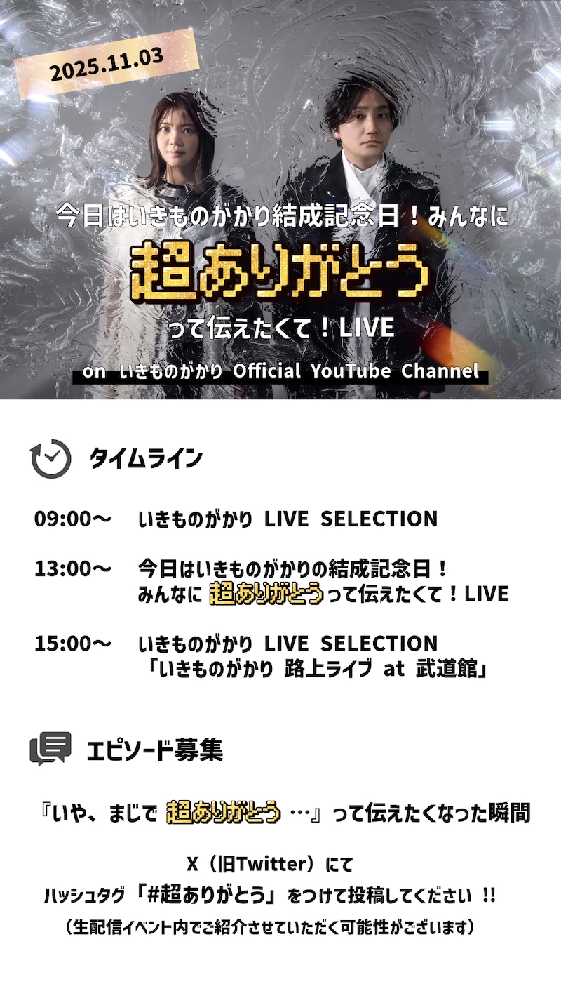 「今日はいきものがかりの結成記念日!みんなに超ありがとうって伝えたくて!LIVE」タイムテーブル