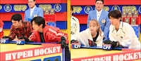 「それSnow Manにやらせて下さいSP」より、「ハイパーホッケー」の様子。左から妻夫木聡、目黒蓮、川栄李奈、向井康二。 ©TBS