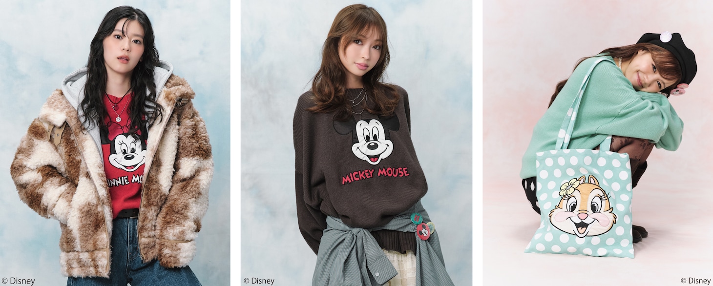 「Roomy's WEB STORE」のDisney Collectionを着用する坂井仁香、辻野かなみ、吉川ひより。