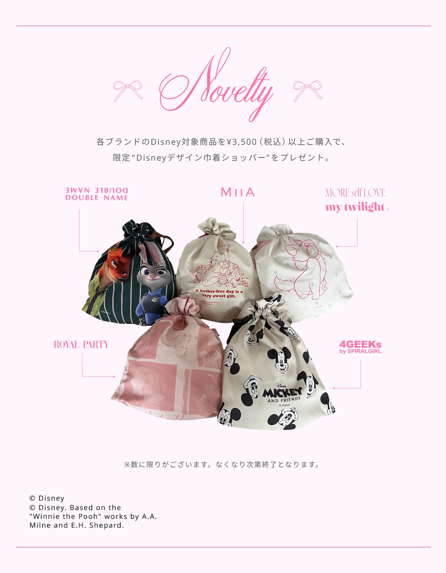 各ブランドの対象商品を3500円以上購入するとプレゼントされる“Disneyデザイン巾着ショッパー”。