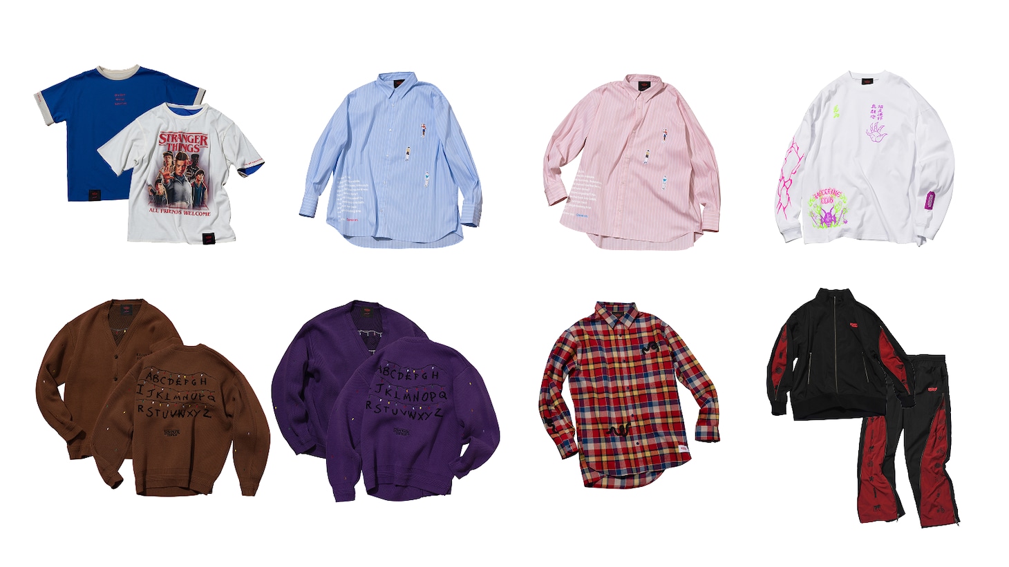 「ストレンジャー・シングス×.ENDRECHERI.」はTシャツやセットアップ、カーディガンなどトータルコーディネートが叶うラインナップ。