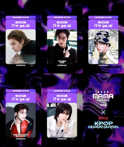 Saja Boys役を務めるBOYNEXTDOORのLEEHAN、RIIZEのWONBIN、TWSのSHINYU、ZEROBASEONEのゴヌクとユジン。「2025 MAMA AWARDS」×「KPOPガールズ！ デーモン・ハンターズ（K-POP DEMON HUNTERS）」コラボステージより。
