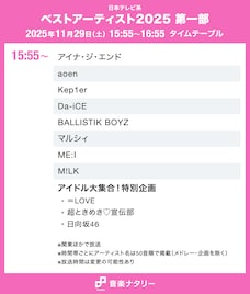 「ベストアーティスト2025」タイムテーブル発表！ミセス、Snow Man、HANA、Perfume、M!LKら出演者の登場時間は