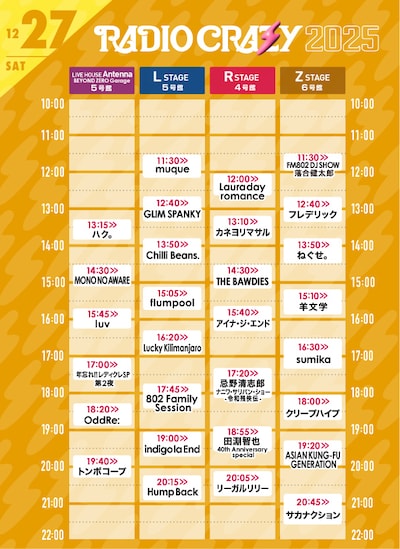 「FM802 ROCK FESTIVAL RADIO CRAZY 2025」12月27日タイムテーブル