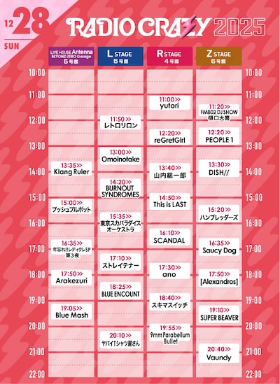 「FM802 ROCK FESTIVAL RADIO CRAZY 2025」12月28日タイムテーブル