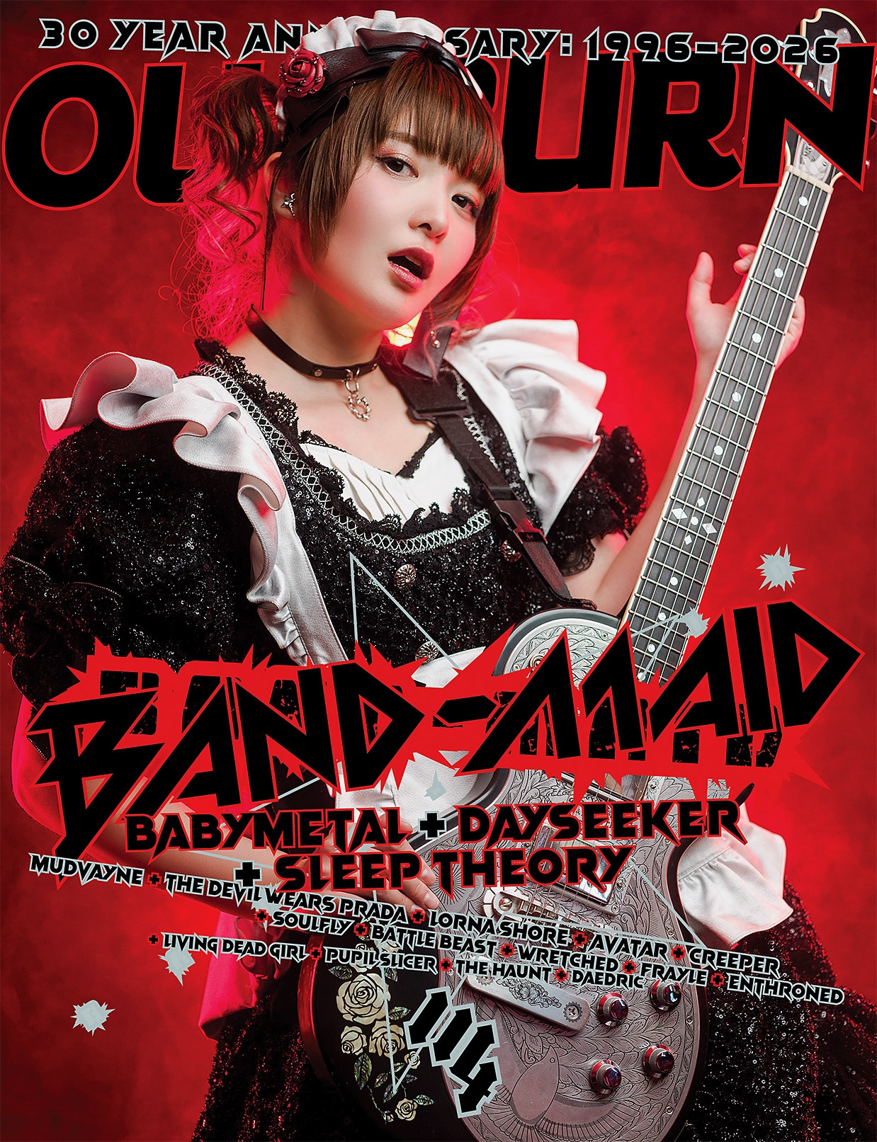 BAND-MAIDの小鳩ミク（G, Vo）が登場する「OUTBURN」表紙。