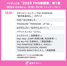 「FNS歌謡祭」タイムテーブル発表！Mrs. GREEN APPLE、Snow Man、Perfumeら出演者の登場時間・歌唱曲は　TVerで配信も