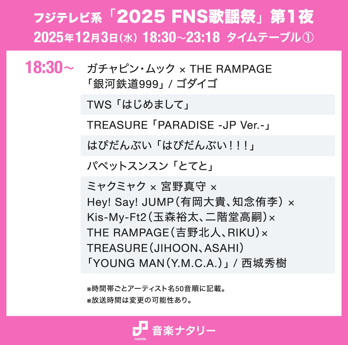 フジテレビ系「2025 FNS歌謡祭」第1夜18:30～のタイムテーブル。