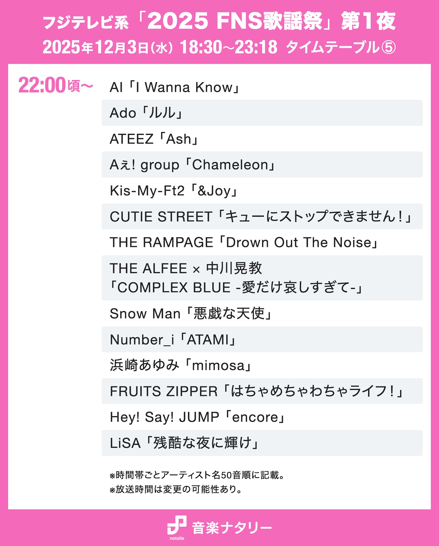 「FNS歌謡祭」タイムテーブル発表！Mrs. GREEN APPLE、Snow Man、Perfumeら出演者の登場時間・歌唱曲は　TVerで配信も