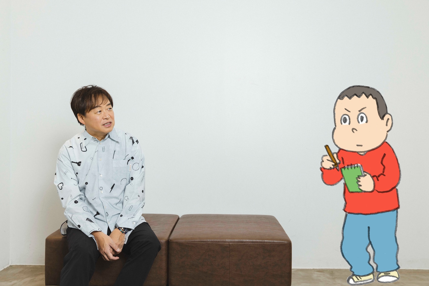 真剣にインタビューするキニナル君。