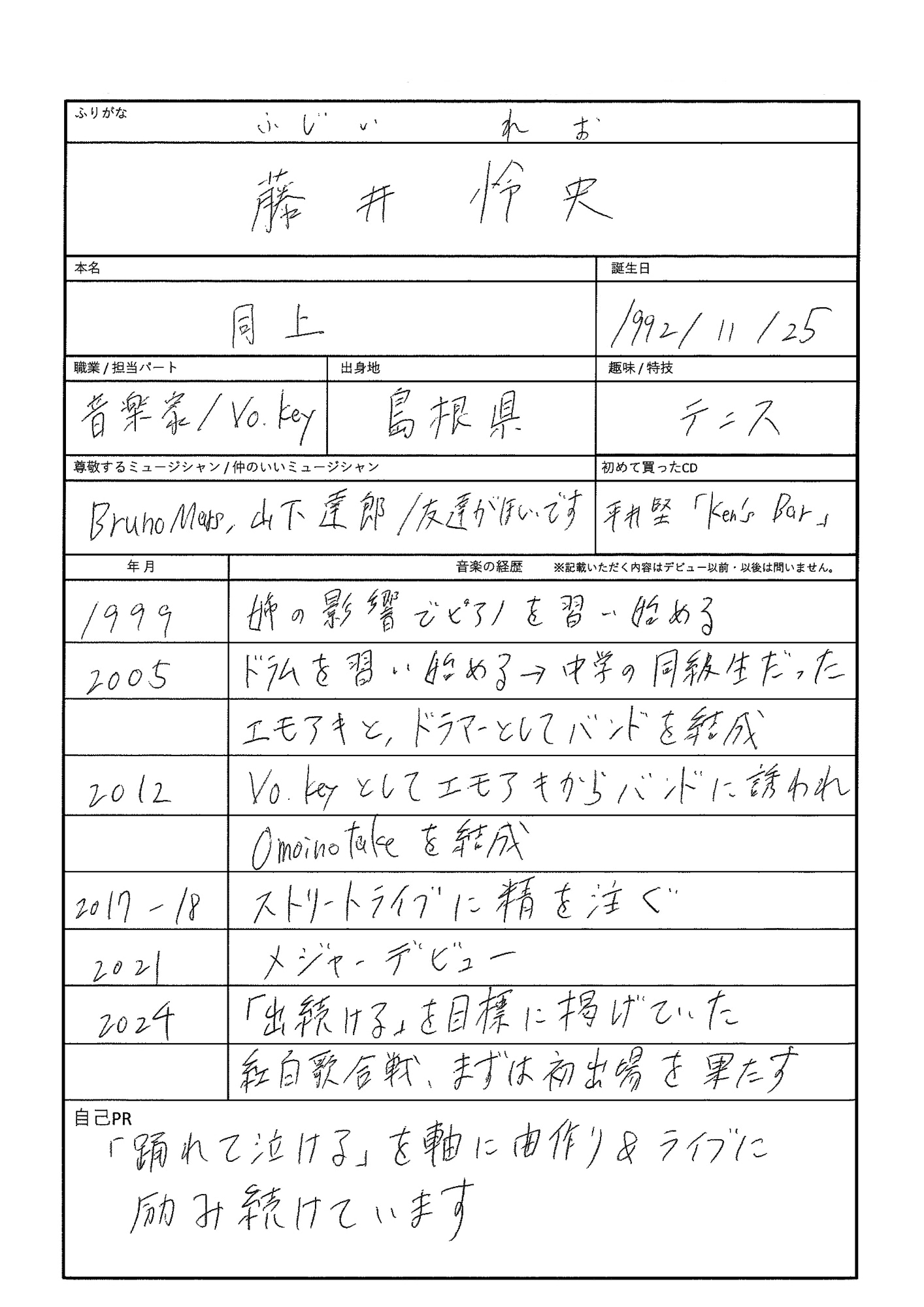 藤井怜央の音楽履歴書。