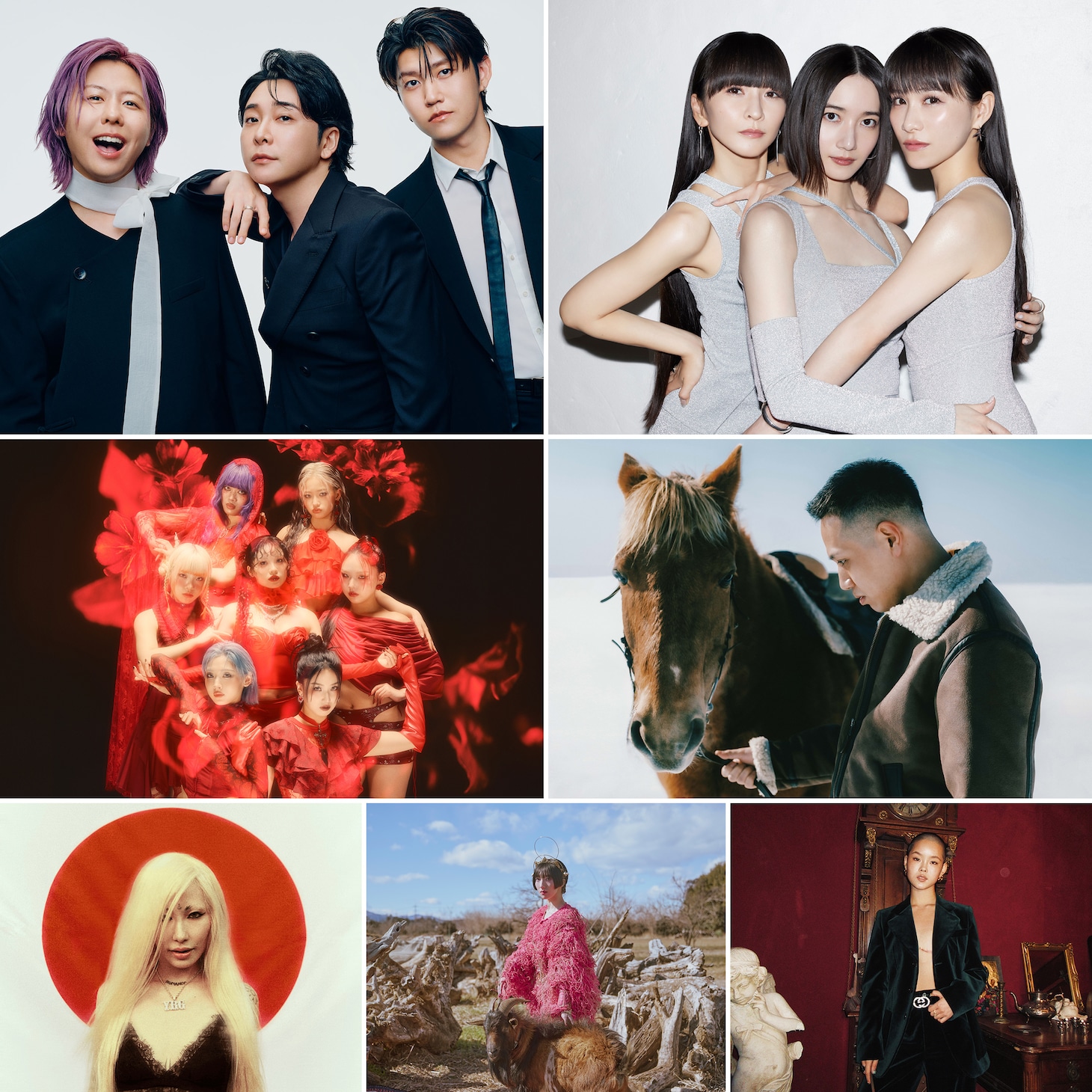 左上から時計回りにMrs. GREEN APPLE、Perfume、JJJ、COCONA（XG）、春ねむり、NENE、HANA。