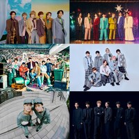 STARTO ENTERTAINMENTコラボメドレーの出演者。左上からKis-My-Ft2、Travis Japan、WEST.、なにわ男子、King & Prince、SixTONES。