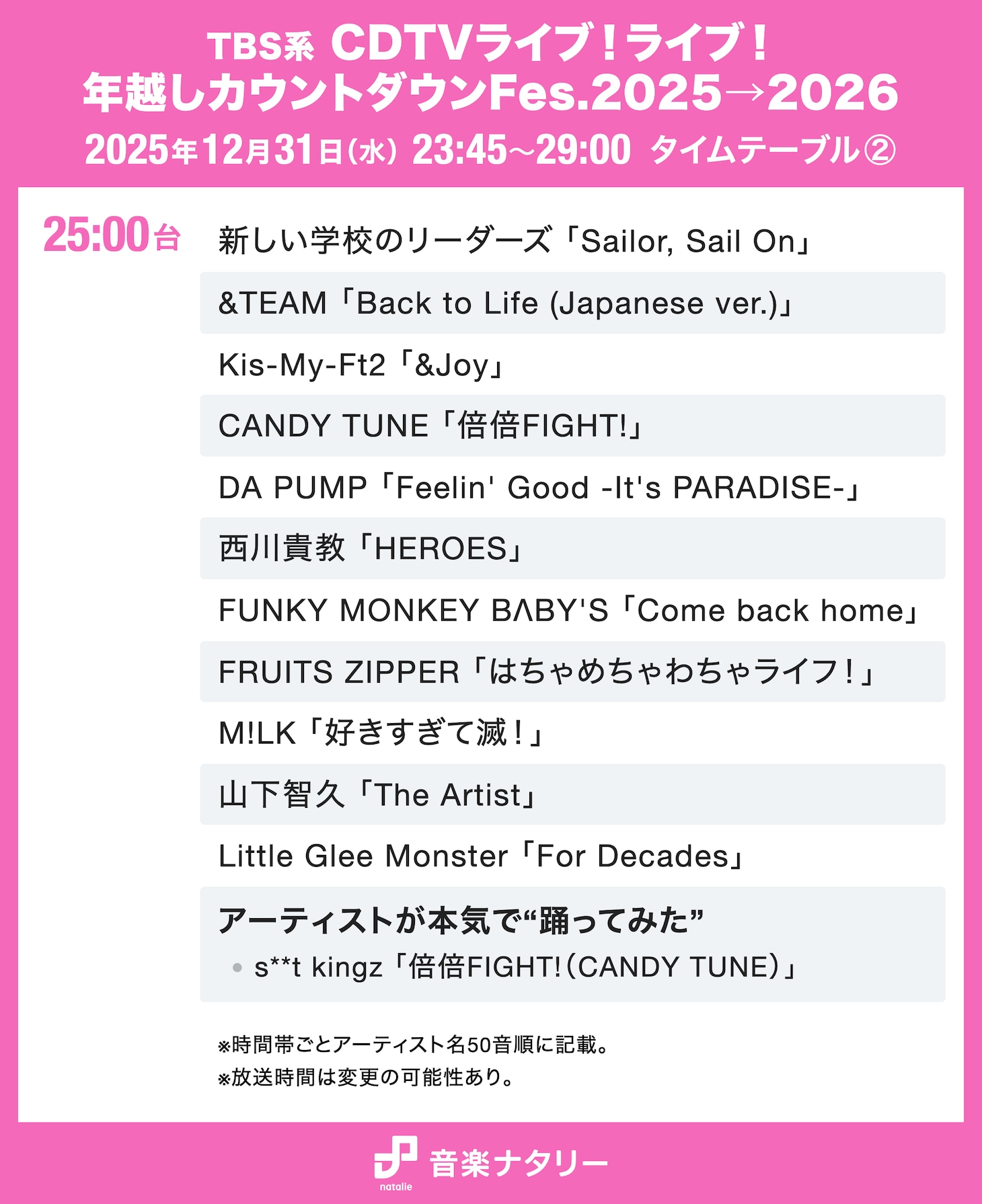 「CDTV ライブ！ライブ！」年越しスペシャルのタイムテーブル公開、ミセス、HANA、超特急、BE:FIRST、M!LKら76組の歌唱曲と出演時間は