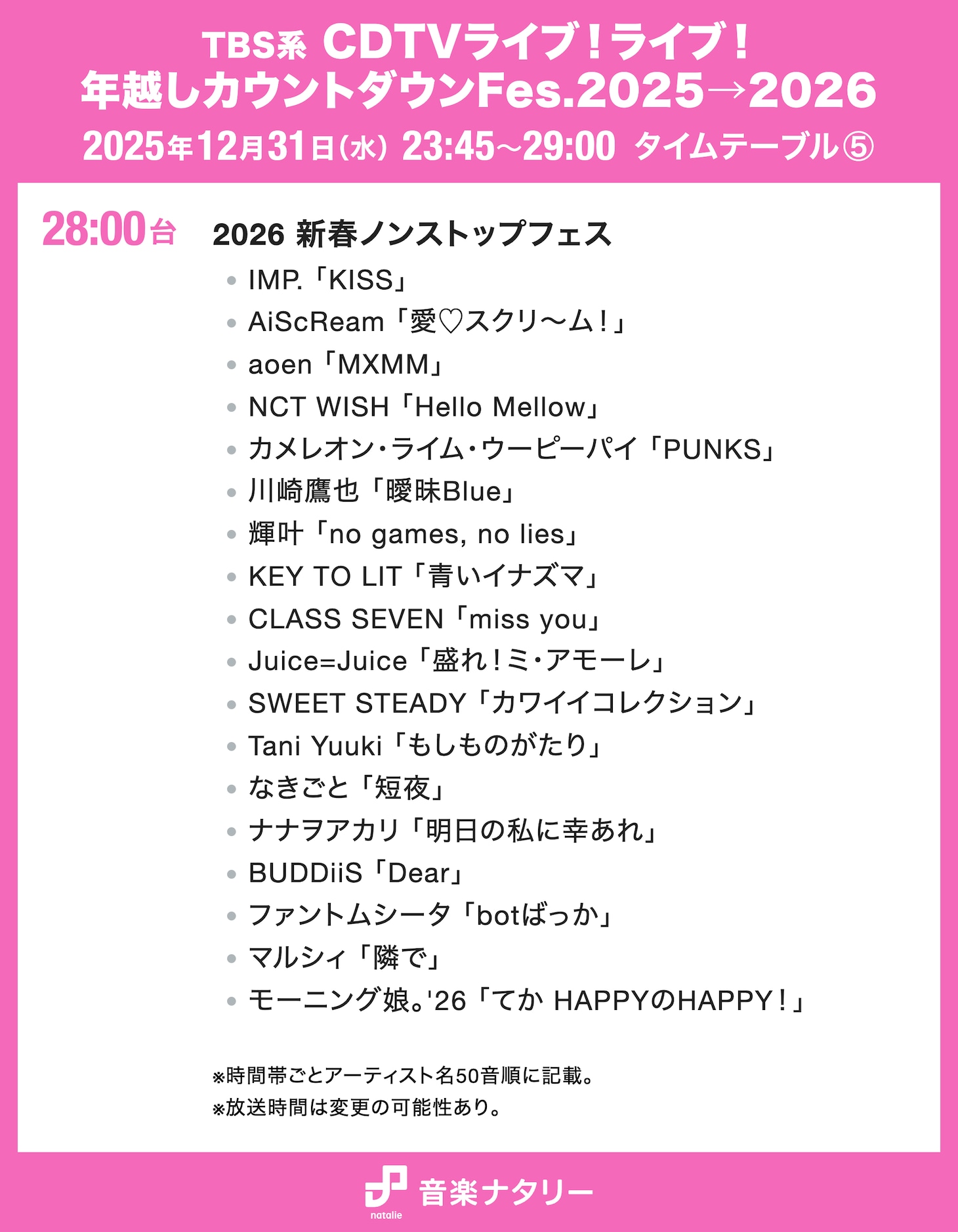 「CDTV ライブ！ライブ！」年越しスペシャルのタイムテーブル公開、ミセス、HANA、超特急、BE:FIRST、M!LKら76組の歌唱曲と出演時間は