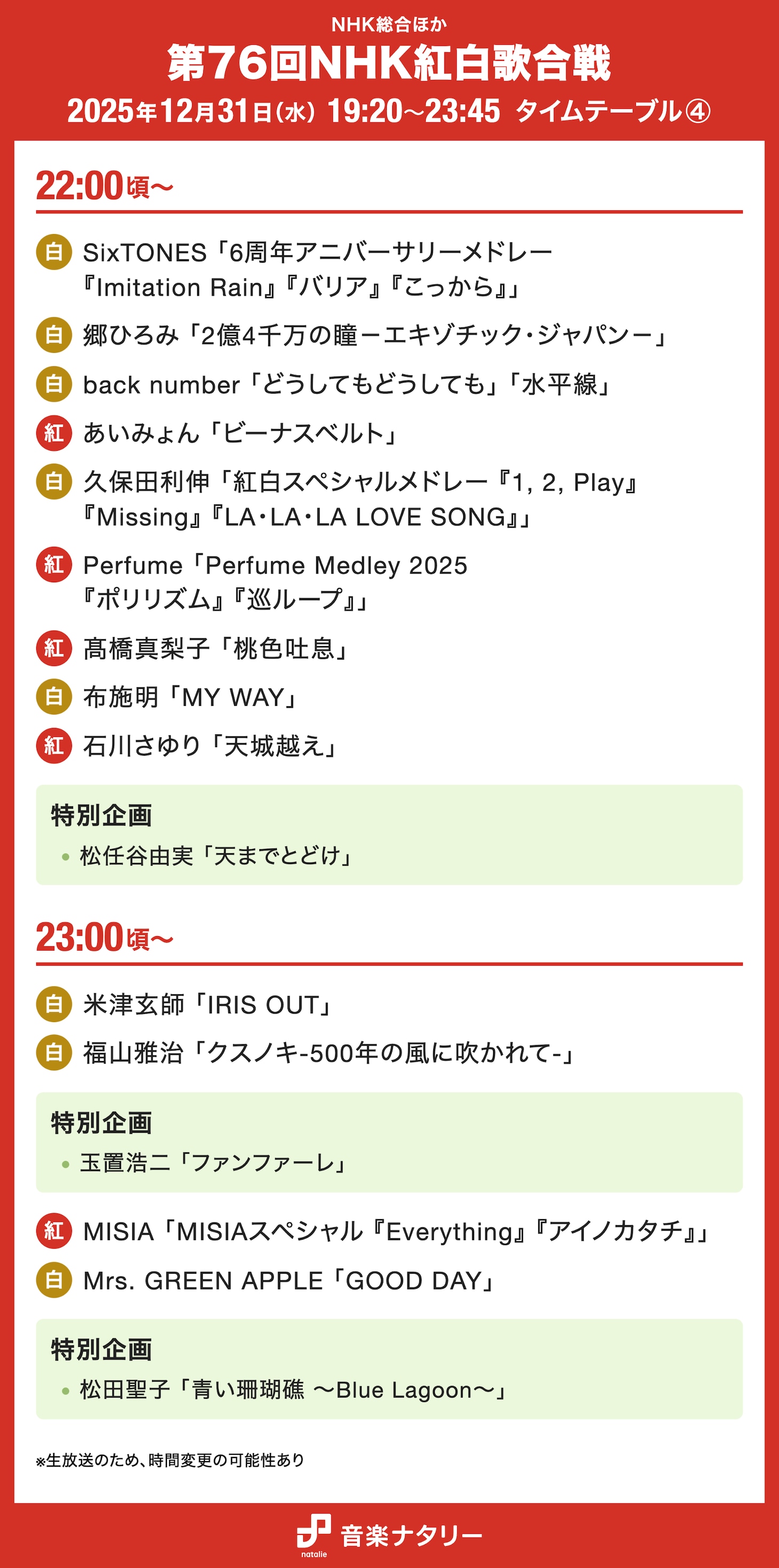 「第76回NHK紅白歌合戦」22:00頃～タイムテーブル