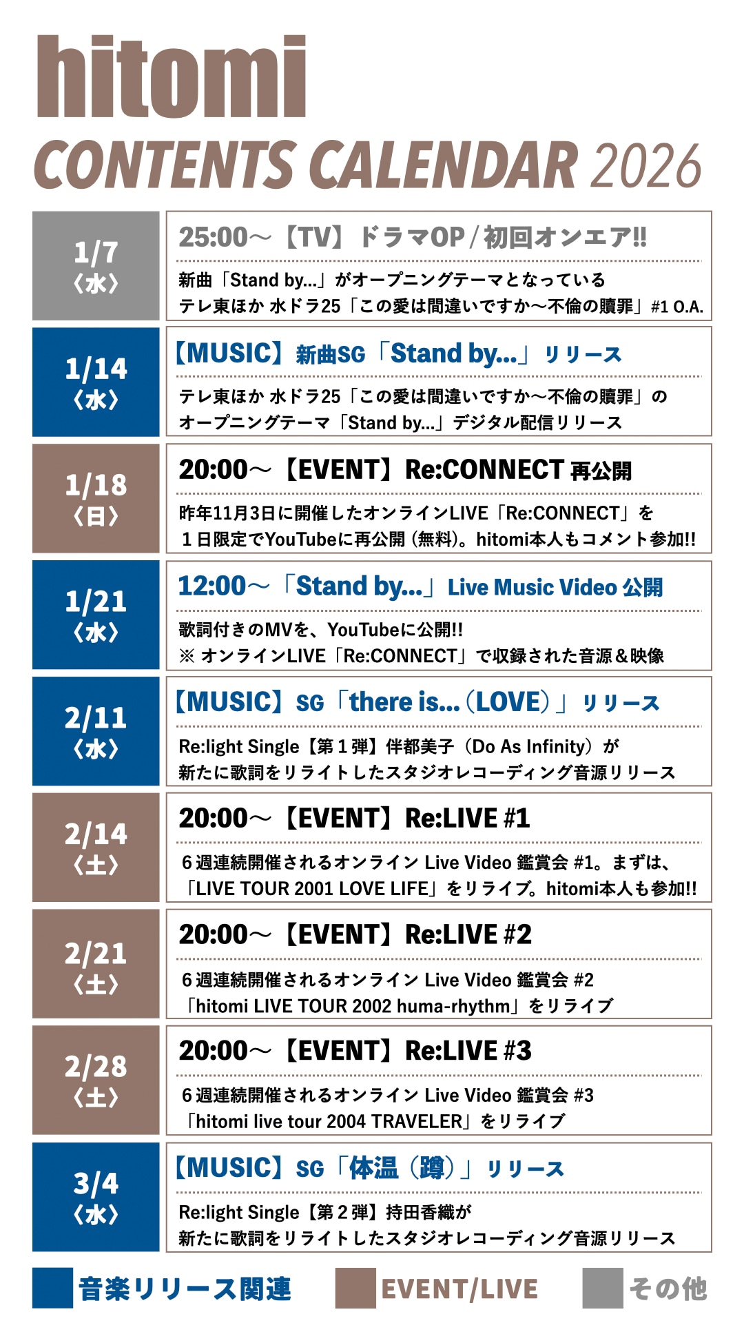 hitomiのコンテンツカレンダー（2026年1月7日～3月4日）。