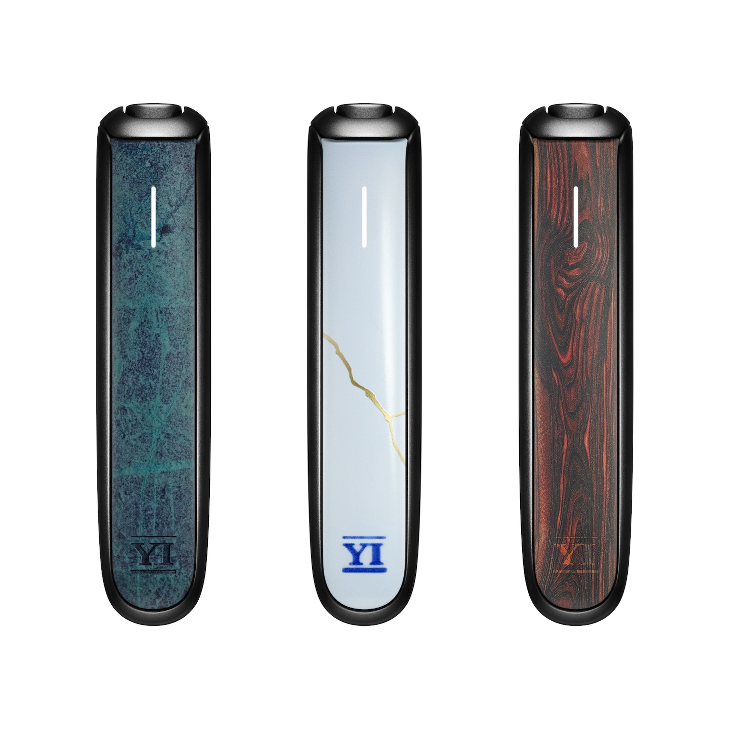 山口一郎×「Ploom AURA」コラボフロントパネル。左から「緑青」「金継」「ローズウッド」。