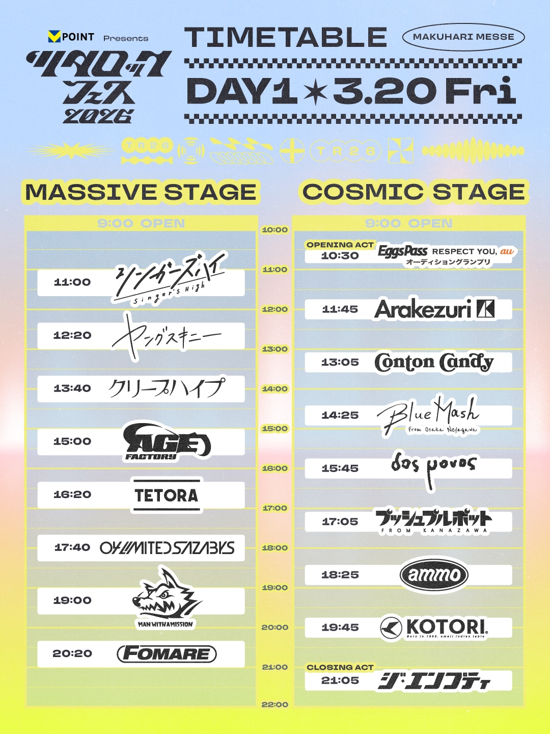 Vポイント presents ツタロックフェス2026」3月20日公演のタイム