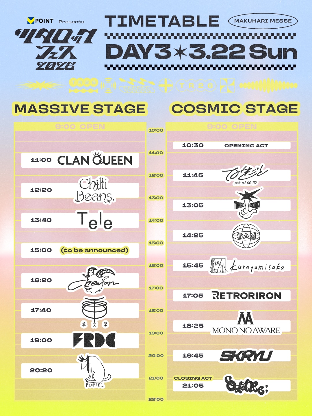 「Vポイント presents ツタロックフェス2026」3月22日公演のタイムテーブル。