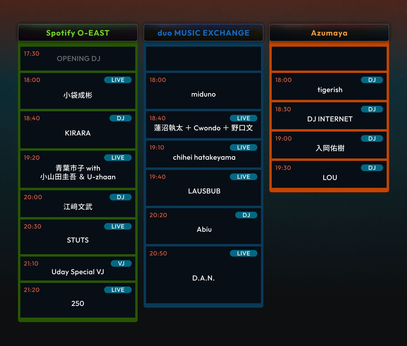 「RADIO SAKAMOTO Uday -NEW CONTEXT FES × DIG SHIBUYA-」タイムテーブル