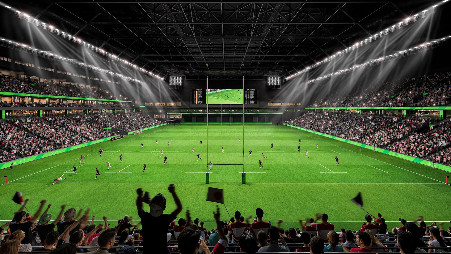 2030年に開業予定の「新秩父宮ラグビー場（仮称）」ラグビー利用時のイメージ。