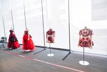 会場ロビーに展示された岸みゆ生誕祭の歴代衣装。