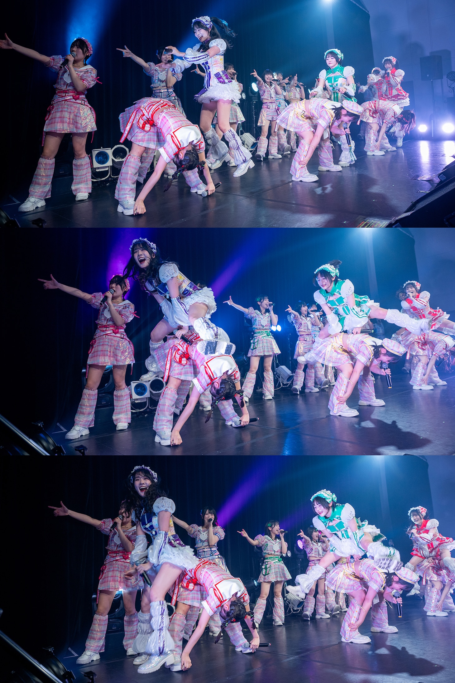 ひさびさに馬跳びをする虹コンOGたち。