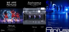 左から、「WE ARE Perfume -WORLD TOUR 3rd DOCUMENT」「Reframe THEATER EXPERIENCE with you」「Perfume“コールドスリープ”-25 years Document-」のビジュアル。