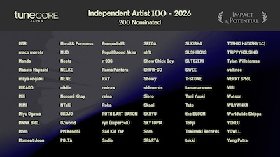 「TuneCore Japan INDEPENDENT ARTIST 100 - 2026」ノミネートアーティスト