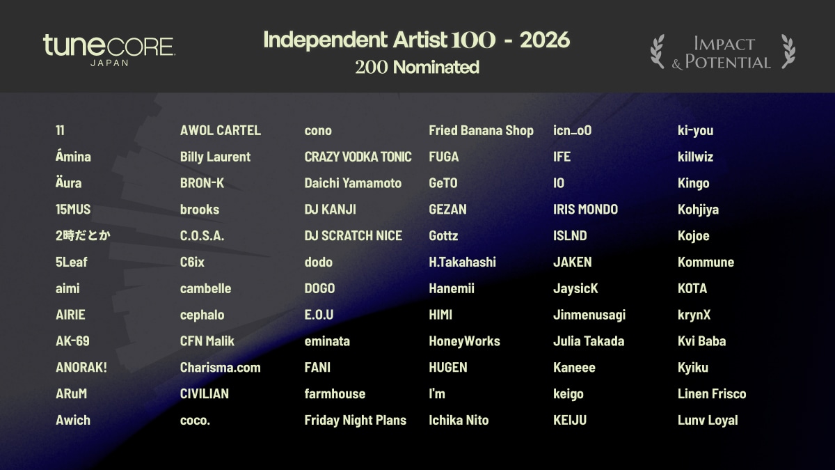「TuneCore Japan INDEPENDENT ARTIST 100 - 2026」ノミネートアーティスト