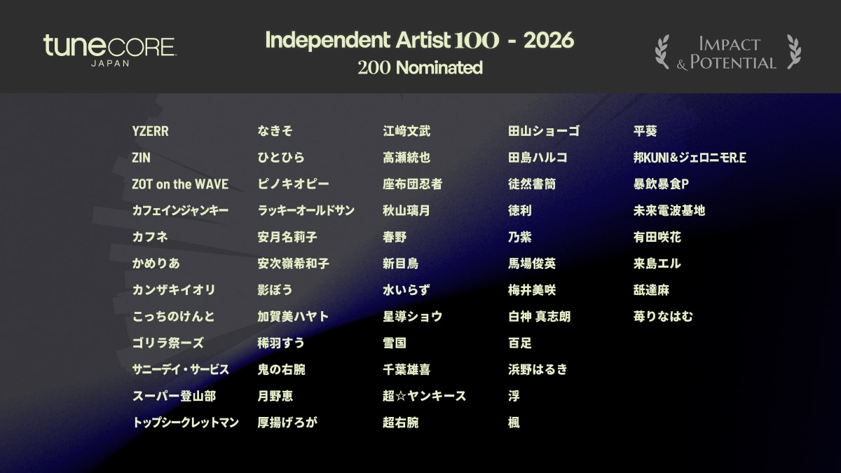 「TuneCore Japan INDEPENDENT ARTIST 100 - 2026」ノミネートアーティスト