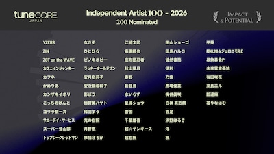 「TuneCore Japan INDEPENDENT ARTIST 100 - 2026」ノミネートアーティスト