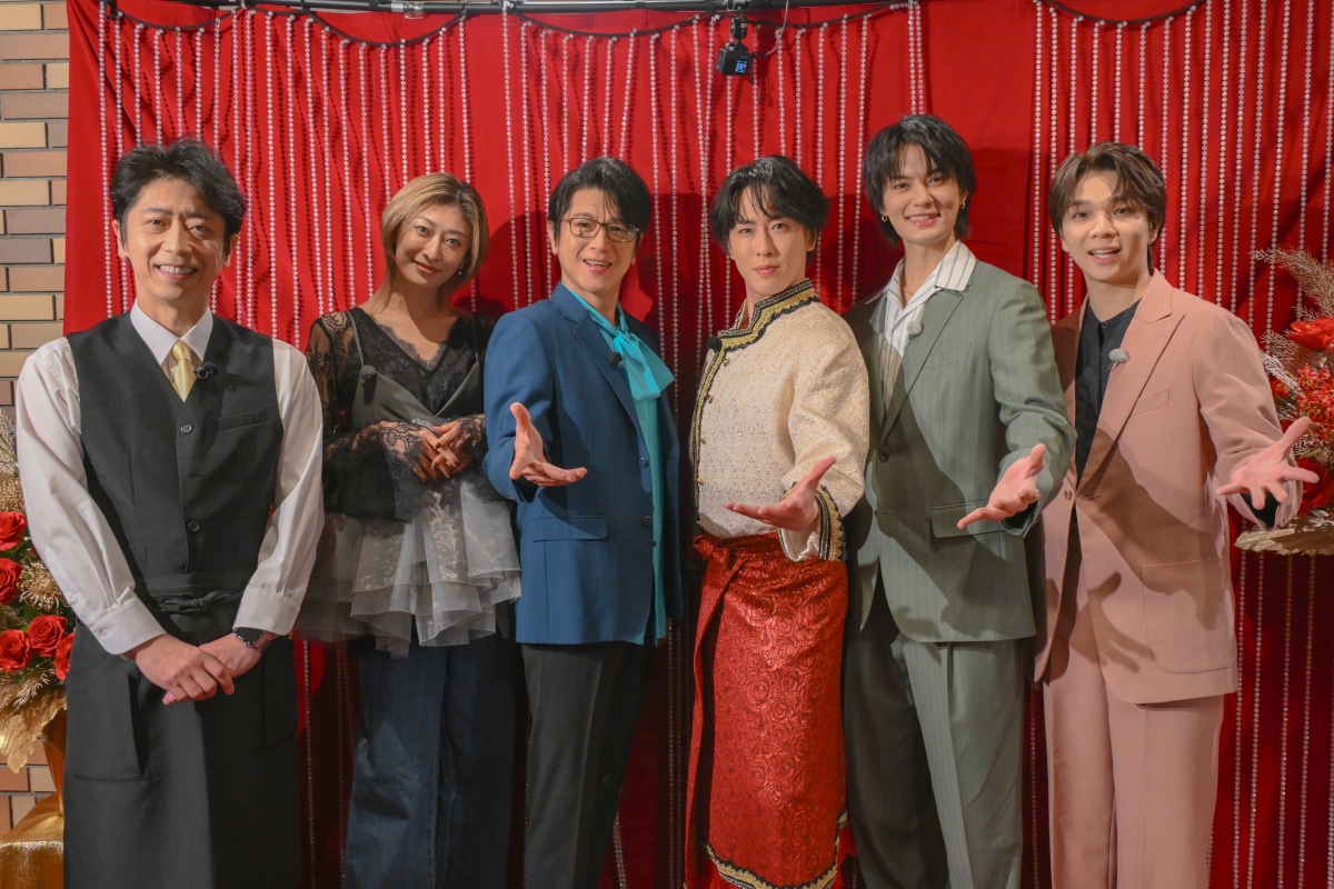 左から後藤輝基（フットボールアワー）、山田優、及川光博、宮舘涼太（Snow Man）、佐野勇斗（M!LK）、塩﨑太智（M!LK）。(C)TBS